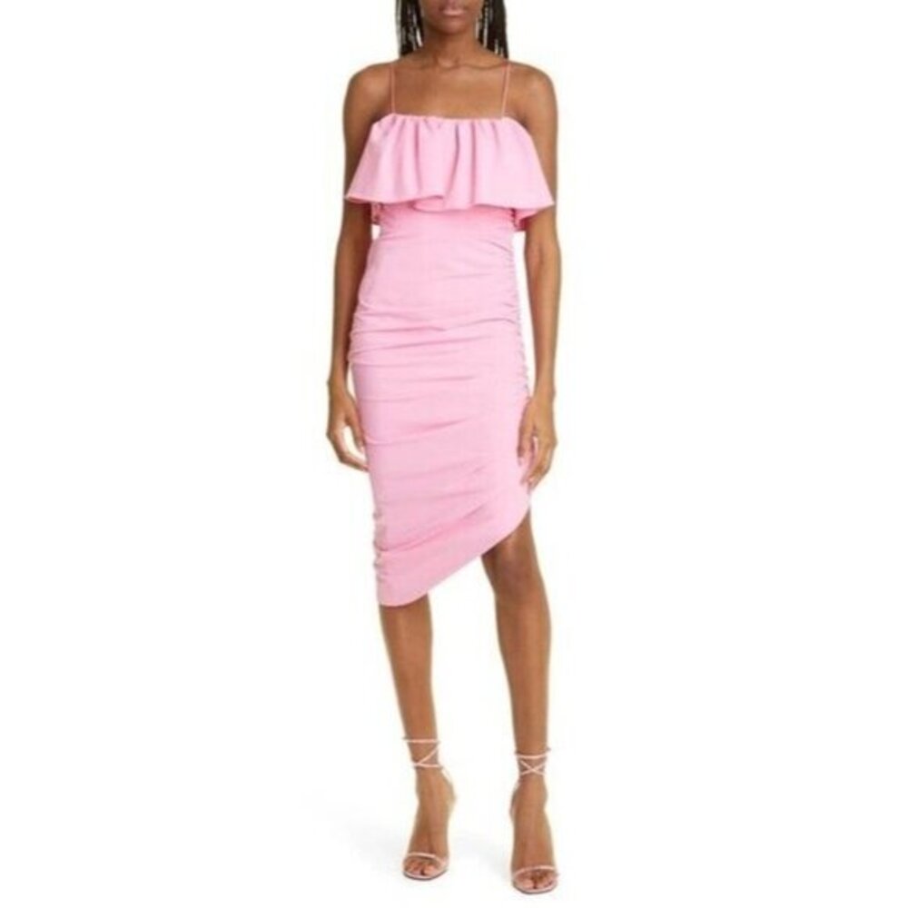 Cinq a Sept Christa Pink Ruffle Asymmetrical Ruched Dress Flamingo SZ 6 NEW $395